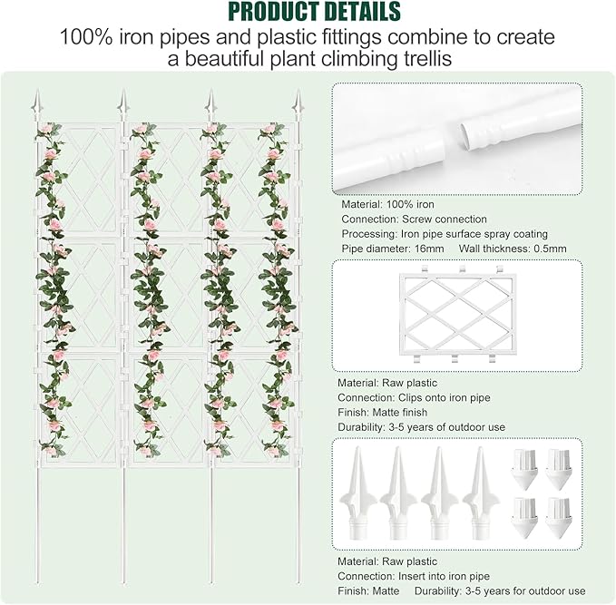 WellSign 5.25FT Metal Pipe Trellis for Climbing Plants Outdoor, Garden Wall White Trellis with Garden Twist Tie, Support Tall Plant Fence for Ivy Vines Rose Flower