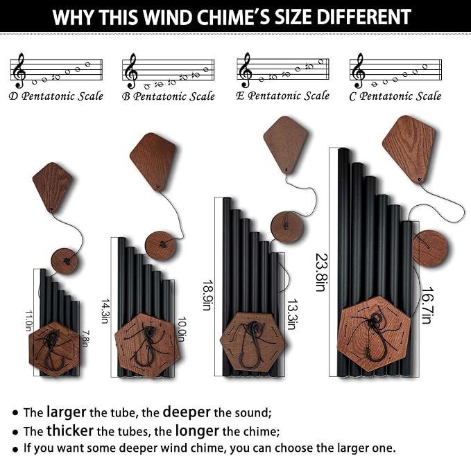 Wind Chimes Outdoor Large Deep Tone, 44 Inches Sympathy Wind Chimes Tuned Soothing Melody, Memorial Wind-Chime with 6 Heavy Tubes for Outside Decoration, Garden/Yard. Black Wind Chime