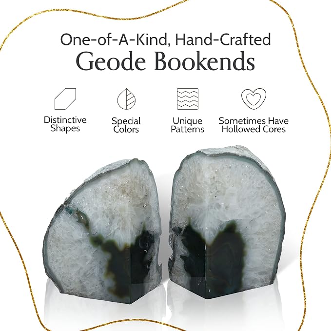 Nature's Decorations Agate Bookends - A Quality Green Geode with Non-Skid Rubber Bumpers for Shelves, Office, Home Decor, Heavy Duty Cute Stone (4-6 LB)