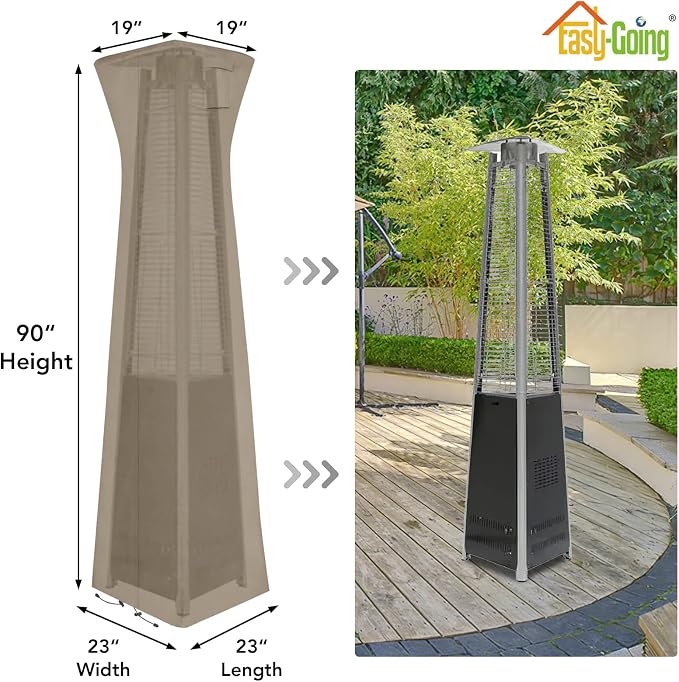 Easy-Going Pyramid Torch Patio Heater Cover with Zipper and Storage Bag, Waterproof Outdoor Heater Cover Dustproof, UV-Resisant, Wind-Resistant (90"H x 23"L x 23"W, Camel)