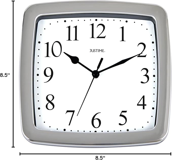 JUSTIME 8.5 Inch Water-Resistant Square Wall Clock for Bathroom, Kitchen, Boat, RV — Silent Non-Ticking, Battery Operated, 3-Point Mount, Indoor Outdoor Analog Clock for Humid Areas & Marine Use
