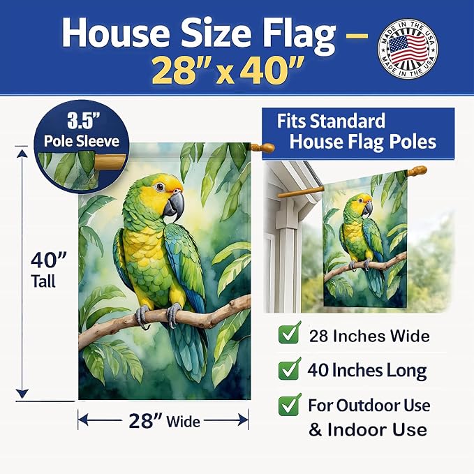 Caroline's Treasures Yellownaped Amazon Parrot House Flag Large Porch Sleeve Pole Decorative Outside Yard Banner Artwork Wall Hanging, Polyester, House Size, Multicolor
