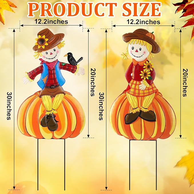 2 Pcs Fall Yard Signs Scarecrow Decorations Outdoor, 30"H Metal Thanksgiving Fall Yard Stakes Scarecrow Lawn Decor, Fall Garden Stakes for Patio Pathway Autumn Harvest Outside Decorations (Sitting)