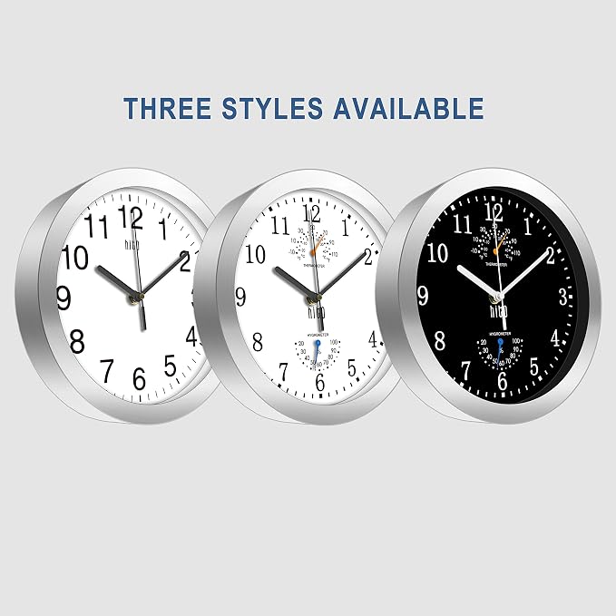 HITO 10 Inch Silent Wall Clock Battery Operated Non Ticking Glass Cover Silver Aluminum Frame, for Kitchen, Bedroom, Home Office, Living Room Decor (Black)