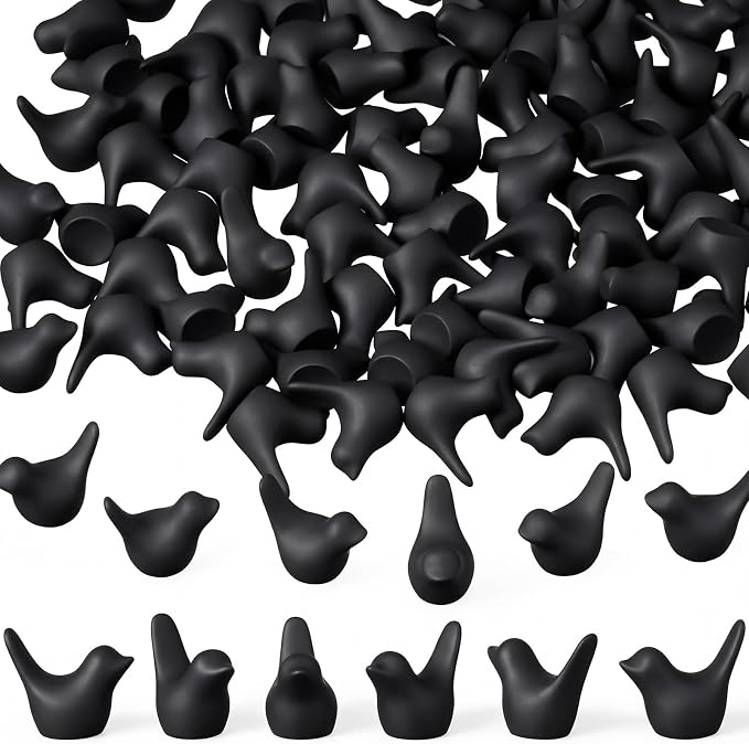 Sieral 100 Pcs Black Mini Bird Figurines Miniature Resin Bird Statues Small Animal Statues Fairy Garden Accessories for Micro Garden Landscape Dollhouse Cake Potted Plants DIY Craft, 0.59" x 0.67"