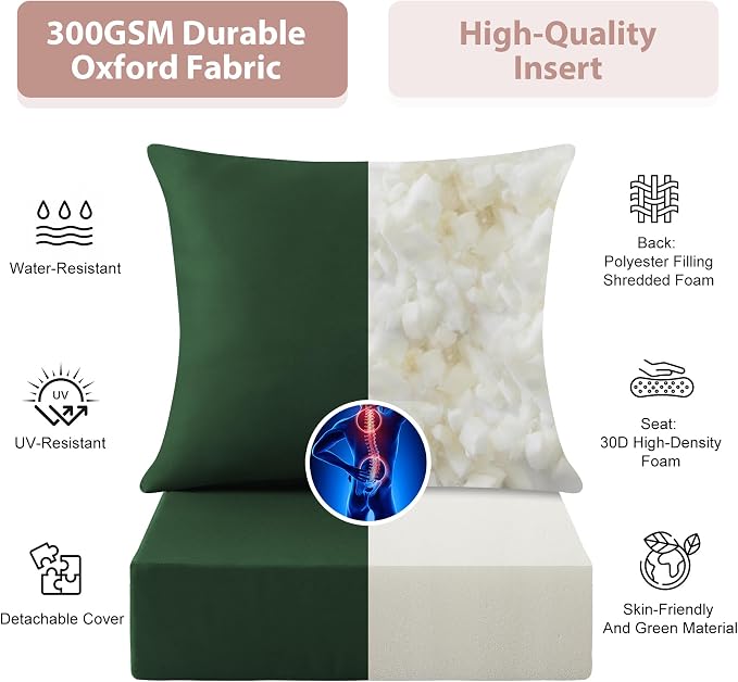 Outdoor Deep Seat Cushion Set, 24x24 Inch Water-Resistant & Fade-Resistant Outdoor Chair Cushions, Patio Furniture Cushions with Removable Cover for Patio Chair, Sofa, Forest Green (Set of 2)