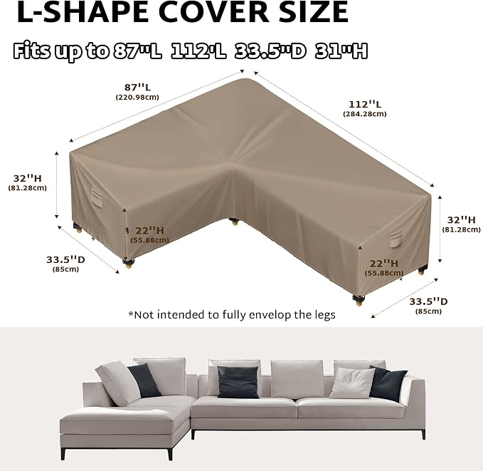 iBirdie Outdoor Patio Furniture Cover fit 87" x 112", 85" x 110", 84" x 108" L-Shaped Sectional Sofa, Waterproof Weatherproof Heavy Duty 600D Garden Cover for Outside L Shape Couch, Brown