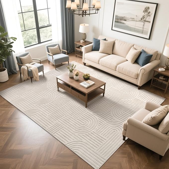 SHACOS Soft Cozy Fluffy Arch Pattern High-Low Pile Area Rugs 8'x10' Large Non Slip Washable Modern Geometric Rug Scandinavian Minimalist Carpet for Living Room Bedroom Dining Room, Beige
