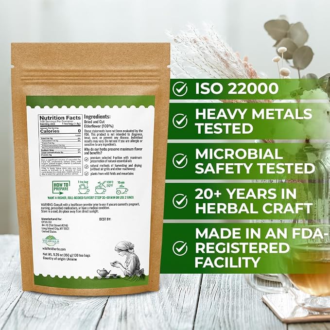 100 Bags Dried Elderflower Tea Herbal Tea (Flores Sambuci Nigrae) - 100 Count 1.5g Bags Elder Flower Herb Espino Blanco