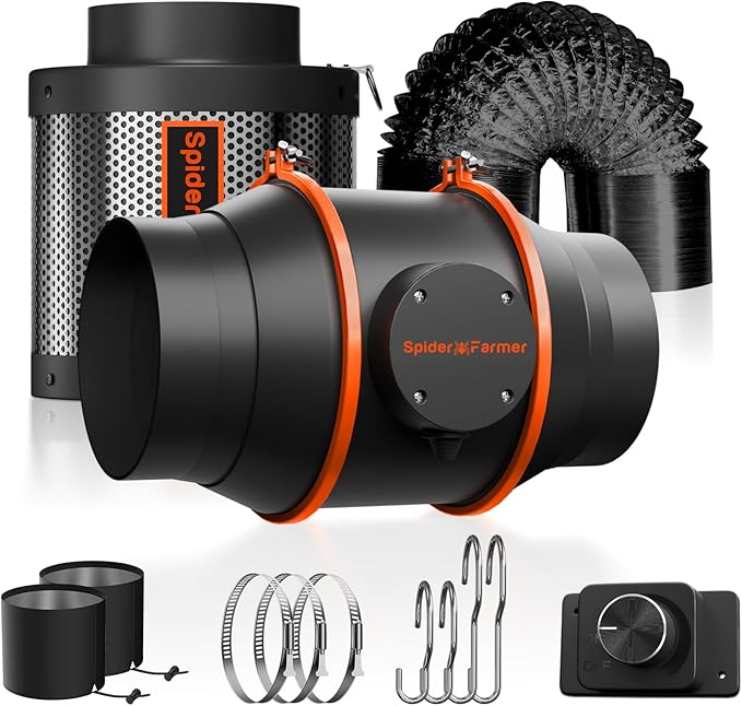 Spider Farmer 6 Inch Air Filtration Kit with RJ12 Speed Controller | Complete ventilation kit with inline duct fan, carbon filter, and 13 ft ducting for grow tents and indoor gardening