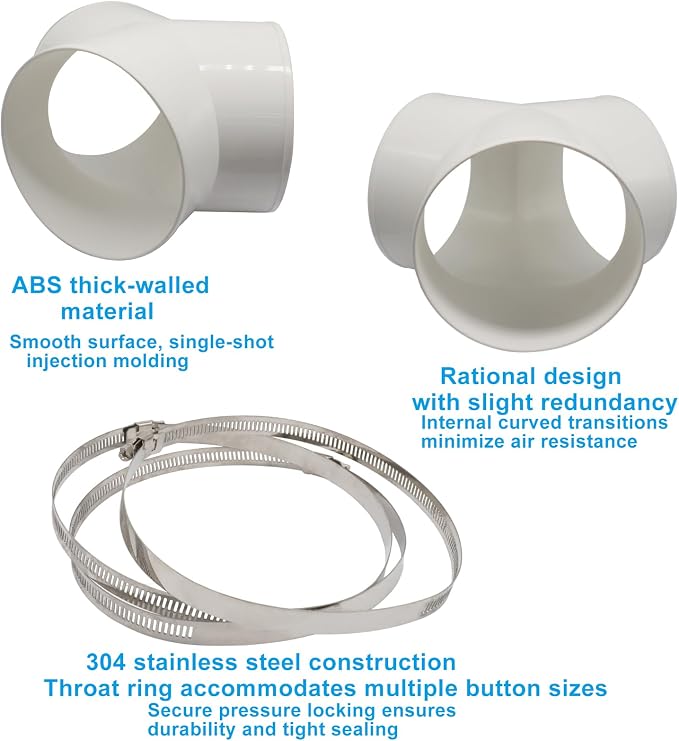 BokWin 6-Inch Duct Splitter, 3 Way Y Shape Duct Connector, White | ABS Material, 3 Hose Clamps Included, For Exhaust Fan and Dryer Vent Hose