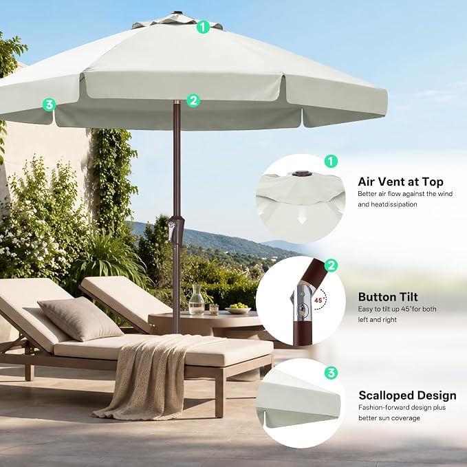 ABCCANOPY 7.5ft Scalloped Patio Umbrella, Outdoor Table Umbrella with Tilt and Crank, Fiberglass Ribs Deck Umbrella for Patio, Pool, Garden, Picnic (Light Beige)