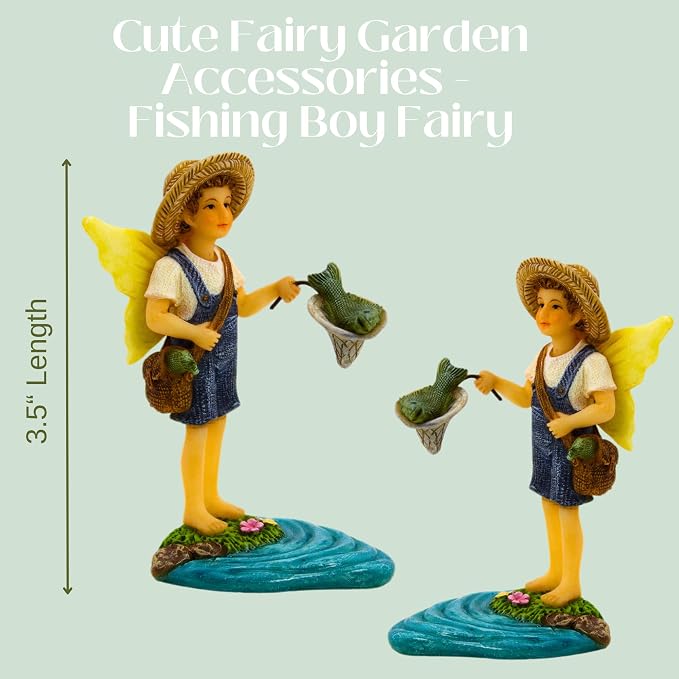 PRETMANNS Fairies for Fairy Garden - Fishing Fairy Figurines – Accessories for Indoor or Outdoor Miniature Garden – 2-Piece Set