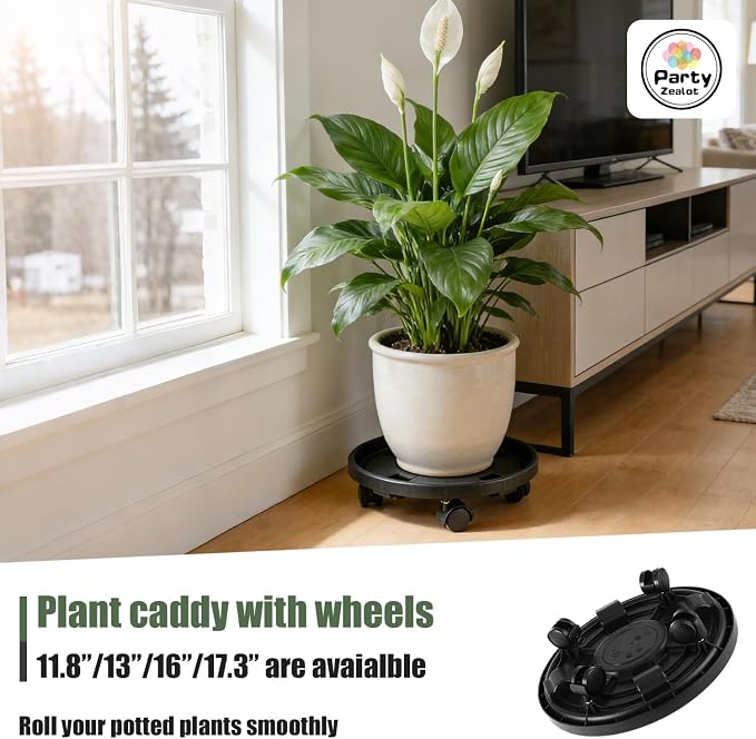 5-pack 13" Large Plant Caddy with Wheels Plastic Plant Dolly with Locking Caster Flower Pot Mover Rollers Wheeled Rolling Plant Stands Round Plant Saucer on Wheels Indoor Outdoor Base Coasters Black