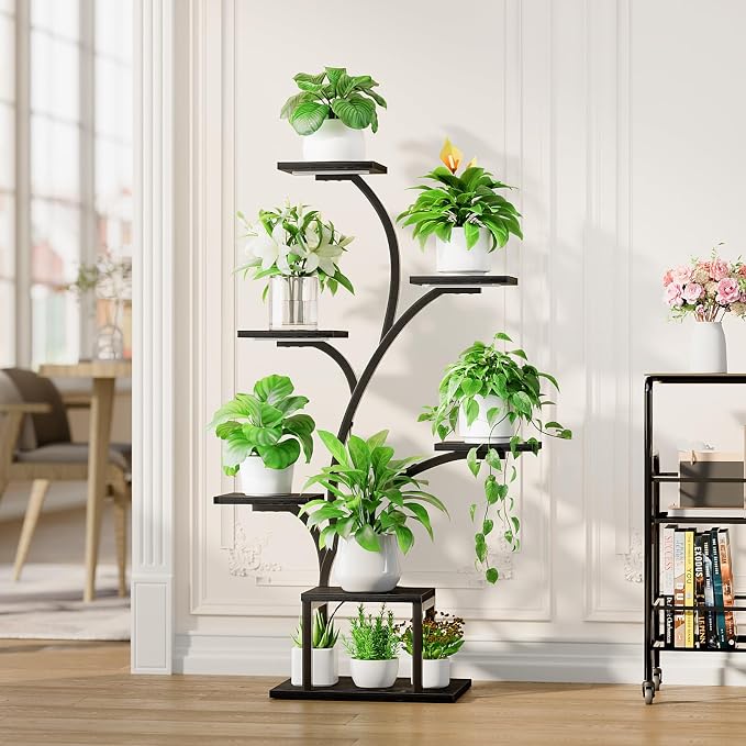 BACEKOLL Plant Stand Indoor with Grow Lights, 7 Tiered Indoor Plant Shelf, 49" Corner Plant Stands for Indoor Plants, Metal Plant Flower Display Shelf, Tree-Shaped Plant Rack for Home, Black