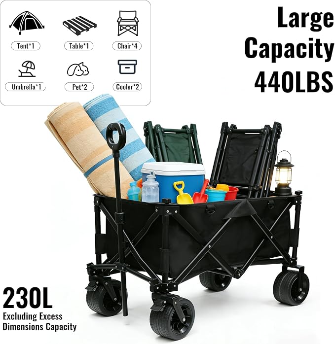 Collapsible Foldable Wagon Cart with Big Wheels and Tabletop, Large Capacity 440Lbs Folding Utility Wagon Carts for Sand, Beach, Camping, Shopping, Sport (Gray)