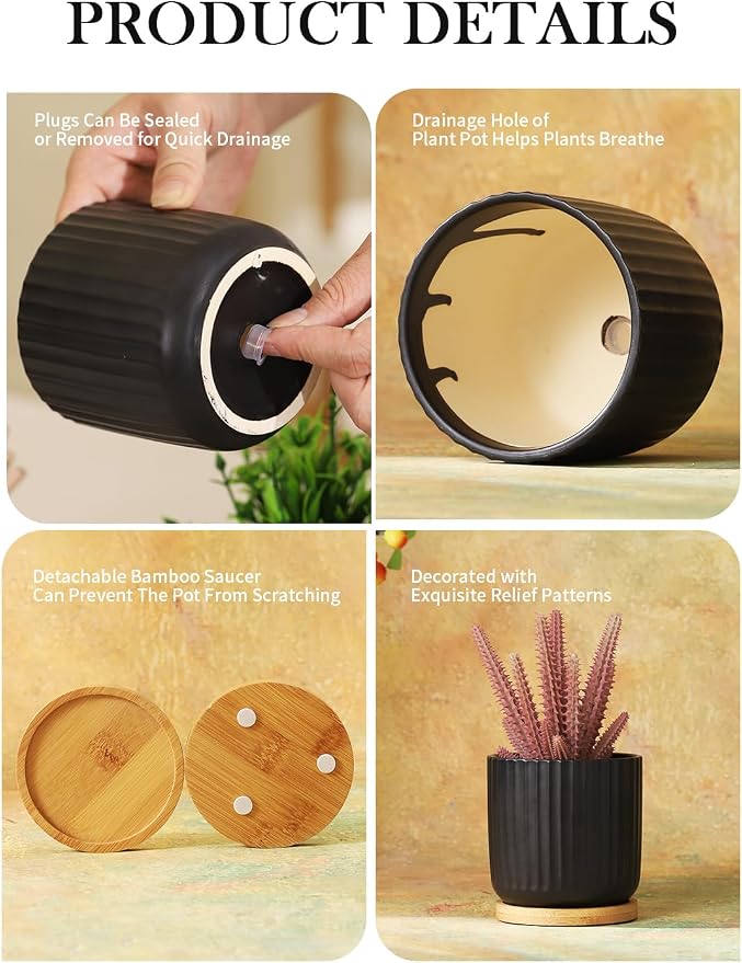 4 Inch Ceramic Plant Pots, Small Succulent Pot with Drainage Hole & Saucer | for Cactus, Herbs, Set of 4, Plants Not Included