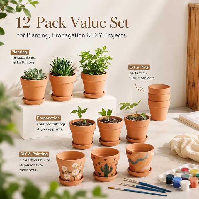 HERDUK Terracotta Starter Pots with Saucers – 4 Inch Clay Planting System for Healthy Roots, Reliable Drainage & Indoor Growing, Ideal for Succulents, Seedlings & Small Spaces