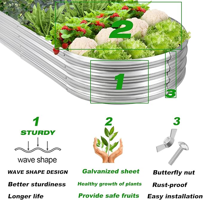 Rakukiri Raised Garden Bed GRS Certified Galvanized Planter Box Outdoor, 6.5ft Oval Rot-Resistant Metal Garden Bed Planter, Recycled Material Planter for Vegetables Flowers Herbs (Silver)