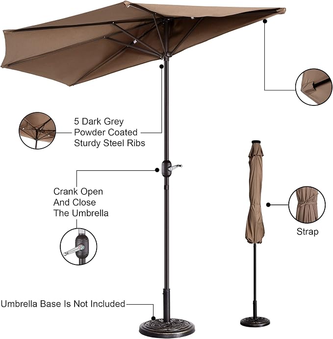 9' Outdoor Patio Half Umbrella with 5 Ribs, Fade Resistant Condo or Townhouse Umbrella by Pure Garden (Brown)