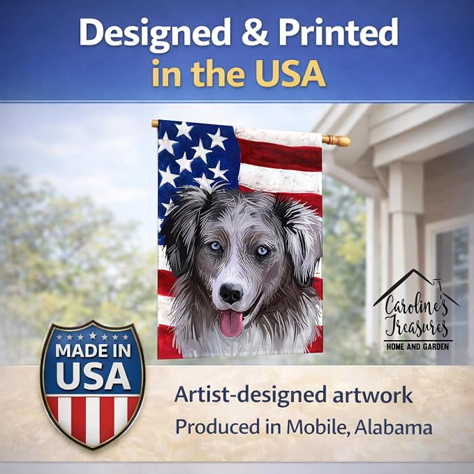 Caroline's Treasures CK6615CHF Miniature American Shepherd American Flag House Flag Large Porch Sleeve Pole Decorative Outside Yard Banner Artwork Wall Hanging, Polyester, House Size, Multicolor