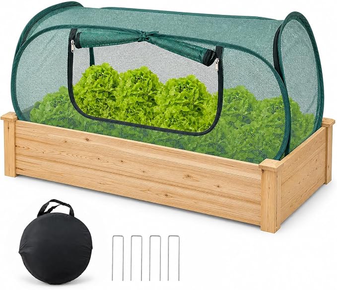 Pop Up Mesh Plant Cover for Outdoors, 33% Sunblock Garden Covers for Raised Beds, Breathable Garden Netting for Raised Beds with 4 Stakes (44 x 22 x 17.5 in)-Green/1