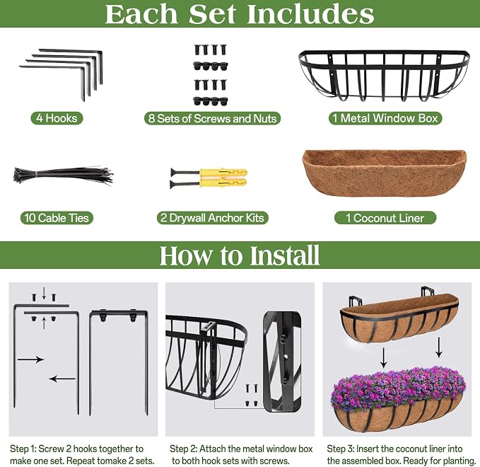 ZeeDix 4 Pack 24 Inch Railing Planter Box, Metal Window Boxes with Coco Liners for Railing, Hanging Flower Boxes for Deck Porch Balcony & Fence Outdoor Indoor Lawn