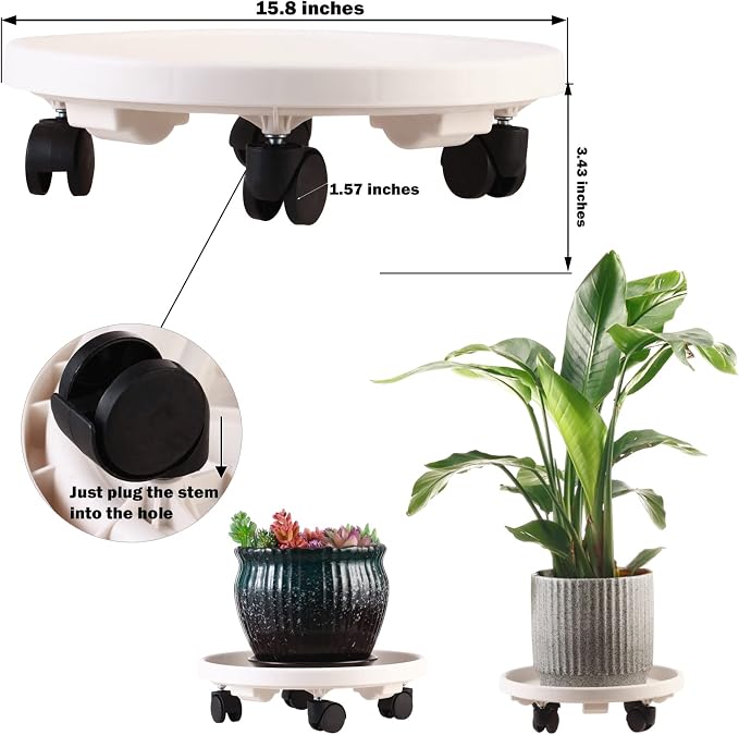 3 Pack Large Plant Caddy with Wheels 15.8" Rolling Plant Stands Heavy-duty Plastic Plant Roller Base Pot Movers Plant Saucer on Wheels Indoor Outdoor Plant Dolly with Caster Planter Tray Coaster White
