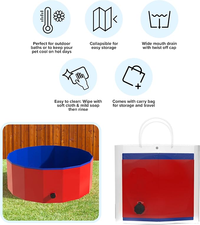Foldable Dog Pool - 30.5x12in Pet Pool - Durable PVC Outdoor Pool with Drain for Grooming, Bathing, or Play - Kiddie Pool for Dogs by PETMAKER (Red)