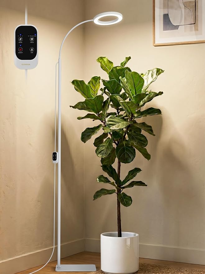 GLOWRIUM Grow Lights for Indoor Plants, Full Spectrum LED Grow Light, Stepless Dimming,3 Lighting Mode and Adjustable Height, Plant Light with 3/9/12/16H Timer (White, Single Head)