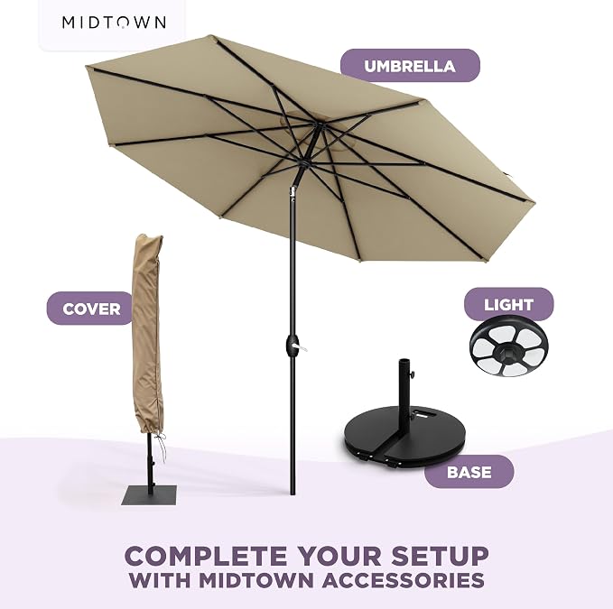 Midtown Umbrellas - 10-Year-No-Fade 6 Ft Patio Umbrella with Terylast Fabric, Auto-Tilt Aluminum Frame and 8 Reinforced Ribs for Deck, Pool, Garden & Beach - Chestnut Beige Canopy, Black Pole
