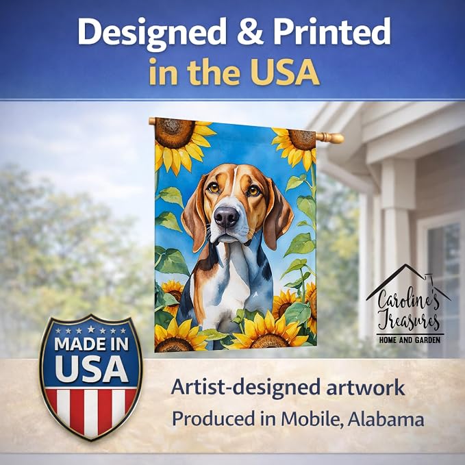 Caroline's Treasures DAC6009CHF American Foxhound in Sunflowers House Flag Large Porch Sleeve Pole Decorative Outside Yard Banner Artwork Wall Hanging, Polyester, House Size, Multicolor