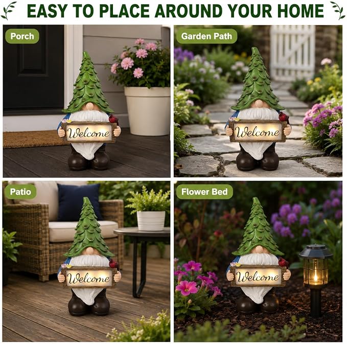 Solar Garden Gnome Statue with Welcome Sign, 13.5" Resin Outdoor Gnome Decor with LED Light, Cute Garden Statue for Yard, Porch, Patio, Lawn, Housewarming Gifts for Women Mom Grandma