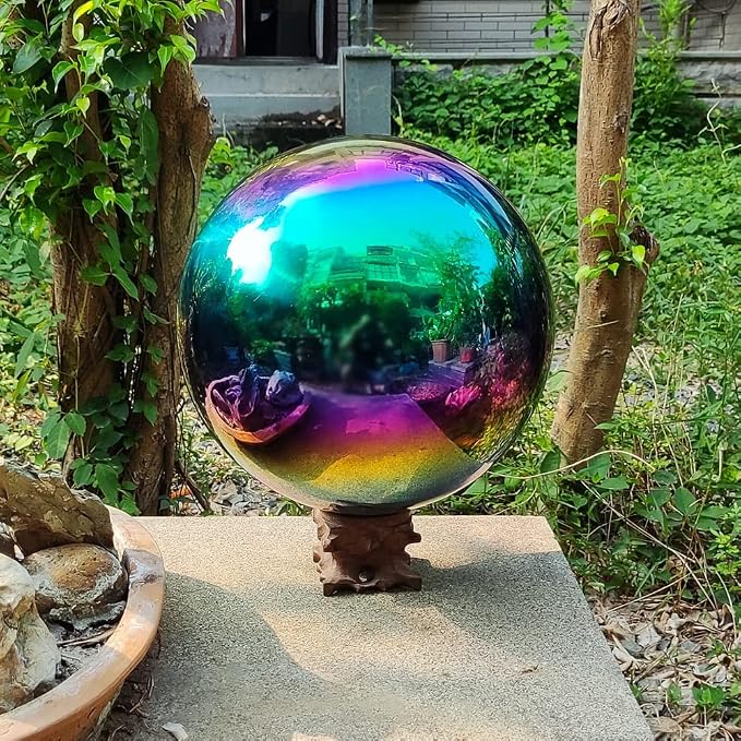 25cm/10 inch Garden Sphere Mirror Gazing Ball,Rainbow Stainless Steel Polished Reflective Smooth Hollow Globe Ball,Durable Colorful and Shiny Decorations Addition to Garden Patio Yard Home
