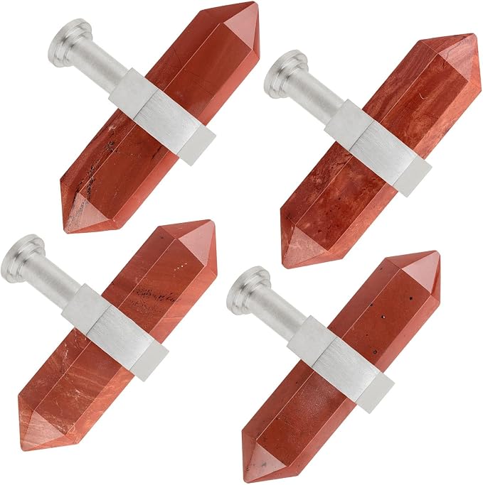 mookaitedecor Set of 2 Red Japer Double Crystal Points Drawer Knobs with Screws, Decorative Stone Cabinet Handle Pulls for Dresser Cupboard Kitchen Decor, Brushed Stainless Steel