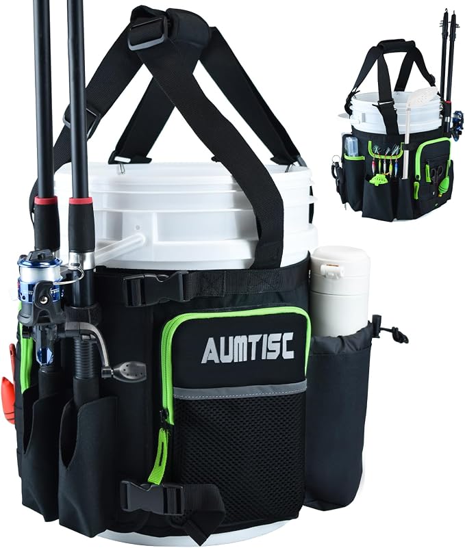 AUMTISC 5 Gallon Bucket Fishing Organizer, Waterproof Ice Fishing Bucket Tool Bag with Rod and Tackle Boxes Holder, Multi-Pocket Tool Caddy Bags for Fishing Gear and Equipment