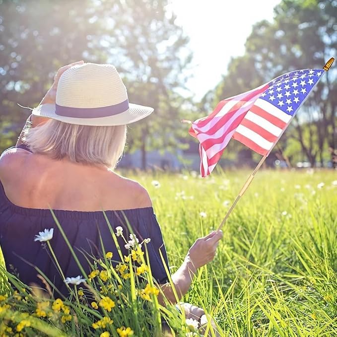 Pack of 50 American Flags with wood Stick, 12x18 Inch US Flags/American Hand Held Stick Flags with Kid-Safe Spear Top, Perfect for Patriotic Decorations, Parades, Veteran Party