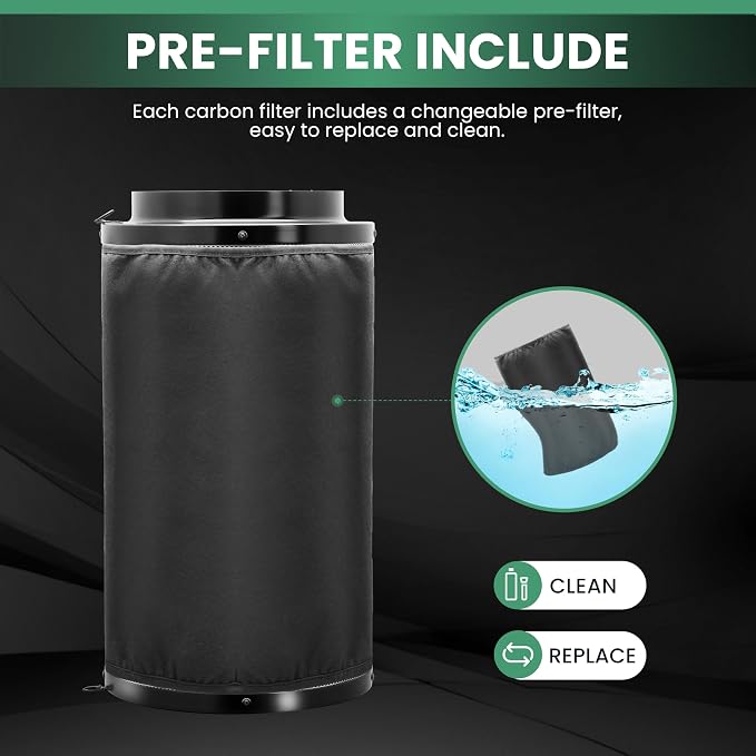 4 Inch Air Carbon Filter, with Australia Virgin Charcoal Smell Control for Inline Duct Fan, Grow Tent, Prefilter Included, Reversible Flange 4" x 12", Black