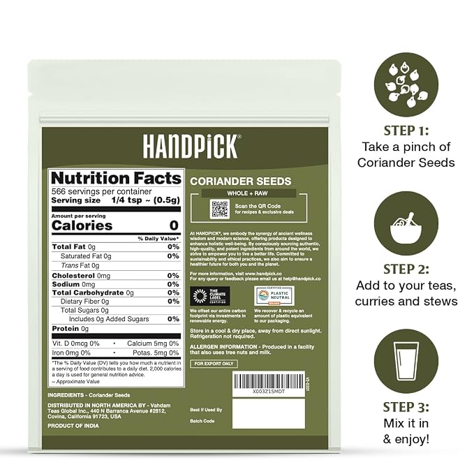 HANDPICK Whole Coriander Seed (283g/10oz) Premium Grade | Pure & Flavorful Coriander Seeds - Indian Origin | Non GMO, Gluten Free | Perfect for Cooking & Seasoning | Resealable (Packaging may vary)