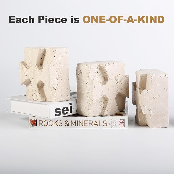 Decorative Square Marble Bookends for Heavy Books – Unique Book Ends for Shelves – Modern Aesthetic Book Holder/Stopper with Non-Slip Pads for Chic Home, Office, or Library Decor(Travertino Turkey)