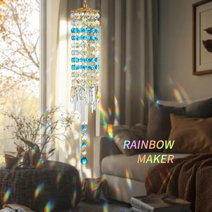 Crystal Wind Chimes Rainbow Suncatcher for Window, Garden, Patio | K9 Crystal Suncatcher, 22 Inches, Creates Rainbows Indoors/Outdoors, Ideal For Gifting, Rose Gold Hooks, Porch/Balcony