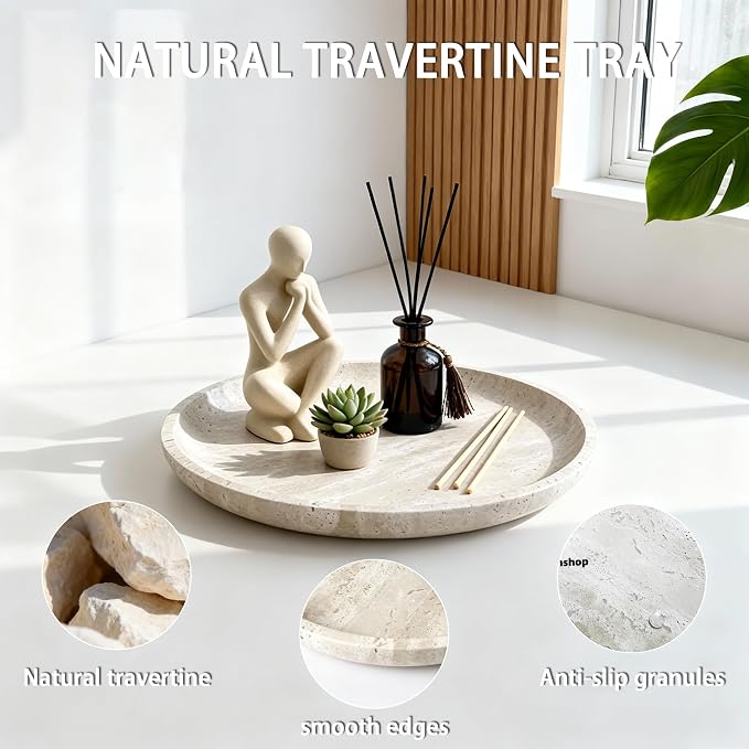 Vanity Tray for Bathroom, Dresser, Counter, Home Decor 10.24” D x 1.18”H Travertine Round Decorative Tray for Candles, Perfumes, Jewelry, Plants Natural Stone Organiser Dish Beige (NS053)