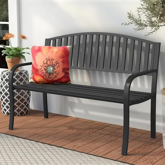 50" Outdoor Garden Bench, Iron Metal Frame Patio Bench with Backrest and Armrests, Weatherproof Anti-Rust Outdoor Bench for Front Porch, Park, Yard, Patio (402-32BK)