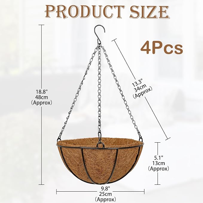 10 Inch Metal Hanging Basket with Coco Coir Liner for Flowers Planting, 4 Pack Hanging Baskets for Plants Outdoor, Round Wire Planters with Chain for Home Patio Porch Balcony Garden Decor