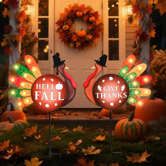 Fall Yard Decor Outdoor Autumn Harvest Garden Stakes with LED Light Autumn Two Turkeys Yard Sign with Stakes Fall Thanksgiving Decoration for Home Outside Lawn Garden Holiday Decor