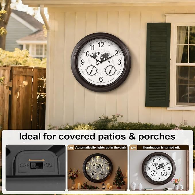 Pytha Sight Illuminated Large Indoor Outdoor Clocks Waterproof 18 Inch with Smart Night Light Sensor,Star World Map Design with Thermometer & Hygrometer for Patio, Pool, Garden,Housewarming Gift