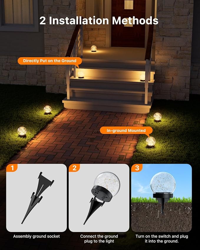 4 Pack 4.72" Warm White Solar Powered Cracked Glass Globe LED Light | Outside Waterproof Decorative Table Ball Lamps, for Garden, Step, Yard, Deck, Pathway, Backyard Decoration Easy to Install