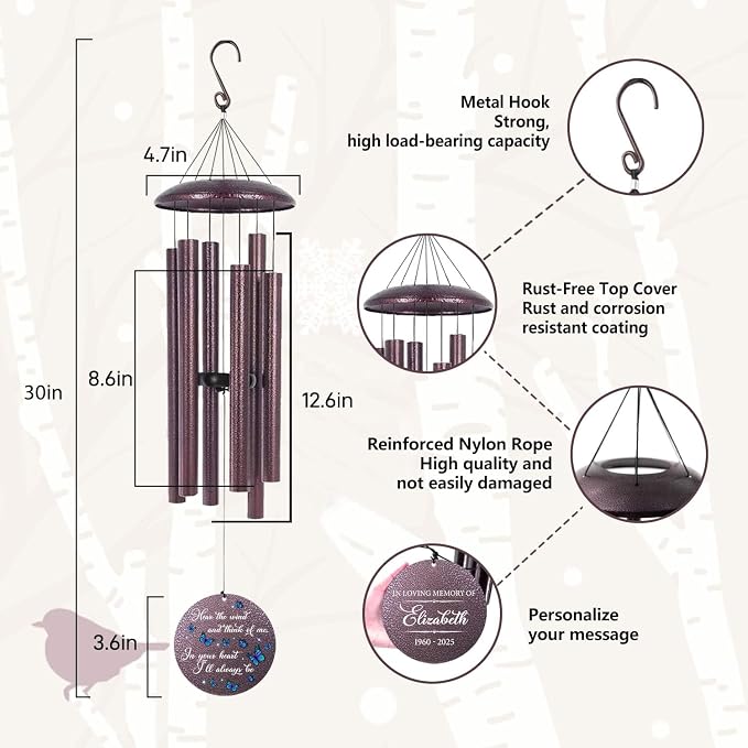 ASTARIN Memorial Butterfly Deep Tone Wind Chimes Personalized, (Printing in Texas) Sympathy Remembrance Gifts for Loss of Mom Dad, Bereavement Gifts for Condolence Funeral, Garden Decoration