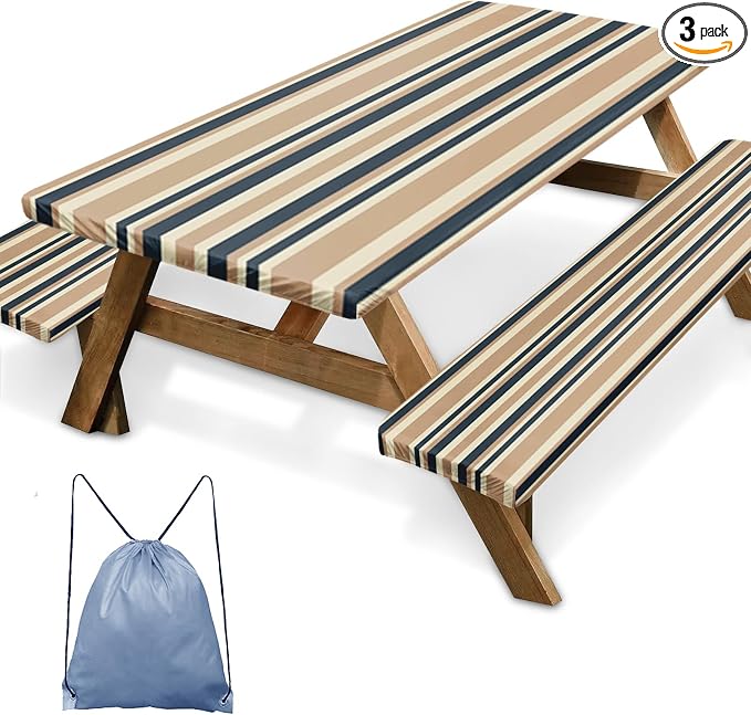 Picnic Table Cover with Bench Covers Elastic Edges, Blue Tripes Camper Fitted Table Cover, Outdoor Patio Camping Essentials 72 Inch 4PCS, Waterproof Camping Fitted Tablecloth with Drawstring Bag