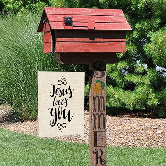 EMMTEEY Easter Garden Flag Double Sided Burlap Decor 12.5x18 Inch Yard Outdoor Decor Garden Flag Jesus Loves You Inspirational Quote Design Element Housewarming Poster Modern Brush Lettering print